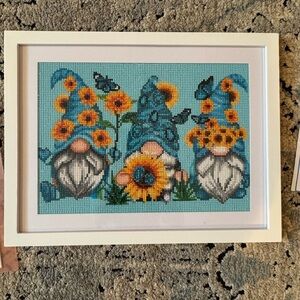 Blue and Orange Fiber Art with Sunflowers and Gnome Figures